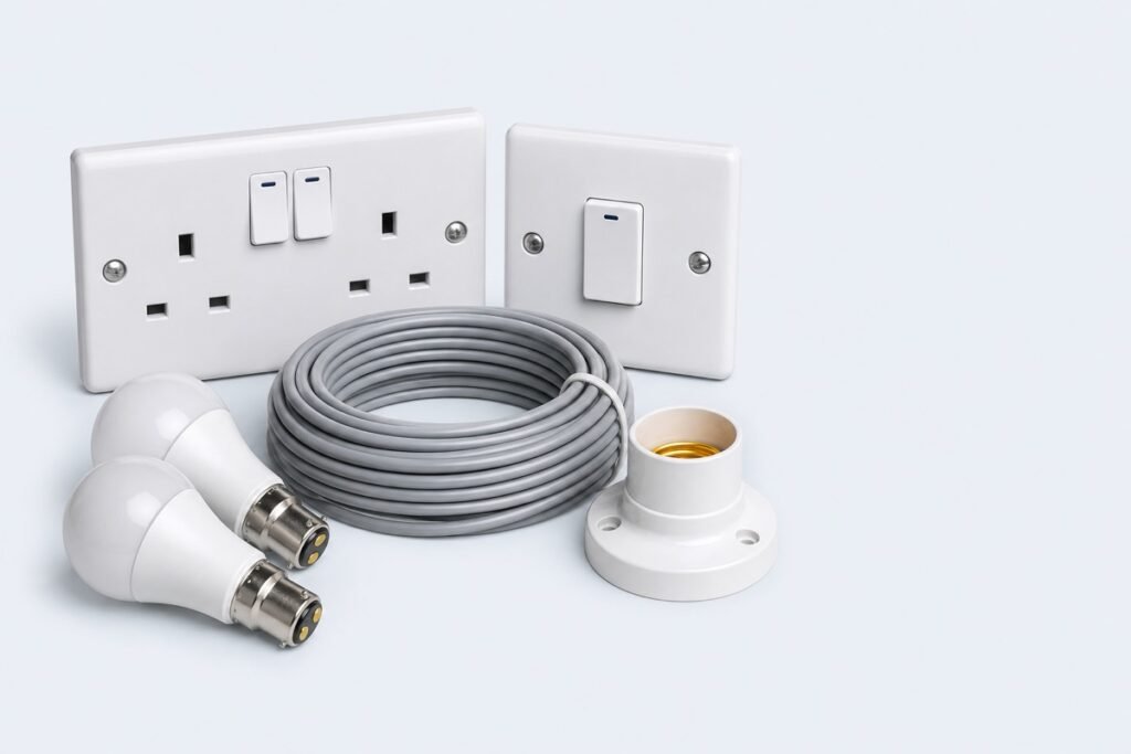 UK sockets, switch, electrical cable and LED bulbs