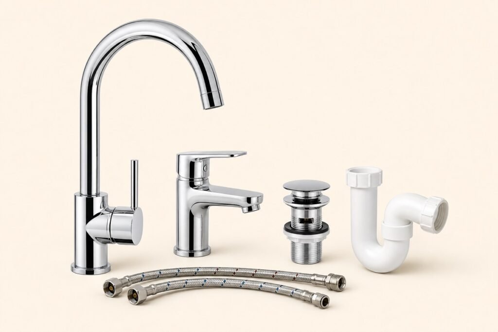 Kitchen and bathroom taps, waste and connectors