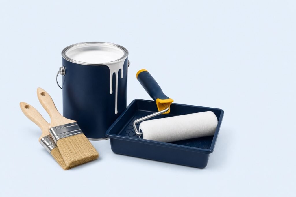 Paint, brushes, roller and decorating tray