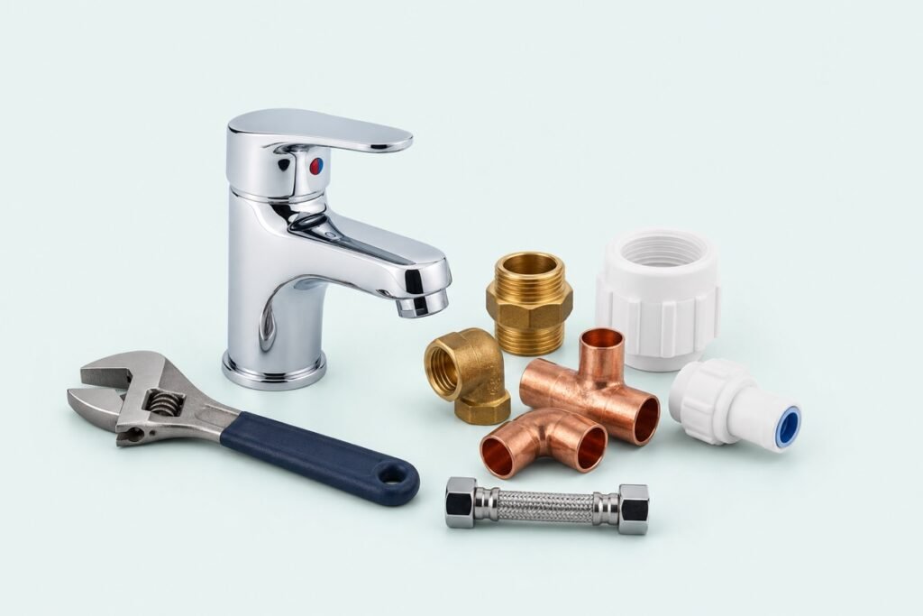 Tap, wrench and assorted plumbing fittings