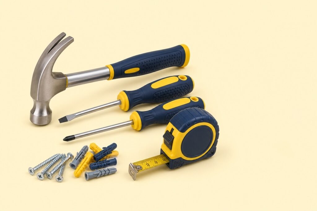 Hammer, screwdrivers, measuring tape and fixings