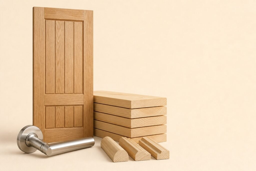 Wooden internal door, timber boards and door handle